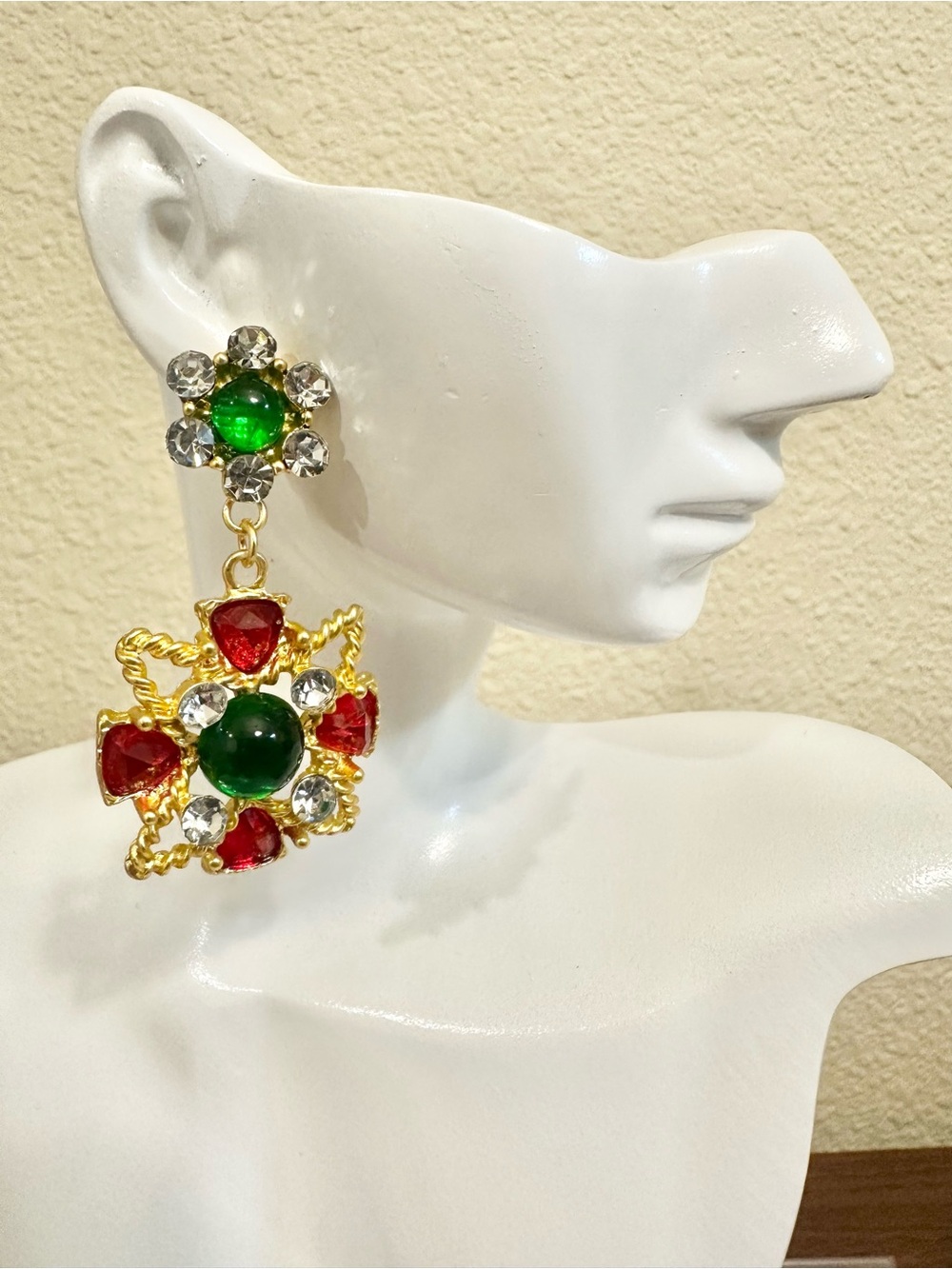 Gold-Plated Red & Green Statement Drop Earrings
